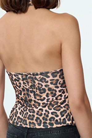 Kadın Moda Şık Regular Halter Yaka Slim Kalıp Örme Leopar Baskılı Fitted Vücuda Oturan Esnek Bluz