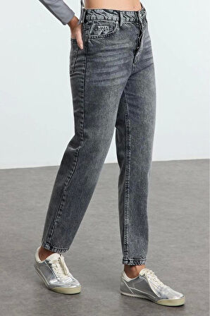Kadın Moda Şık Kot Pantolon Geniş Paça Uzun Boy Denim Antrasit Yüksek Bel Straight Jeans