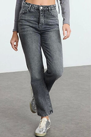 Kadın Moda Şık Kot Pantolon Geniş Paça Uzun Boy Denim Antrasit Yüksek Bel Straight Jeans