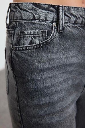 Kadın Moda Şık Kot Pantolon Geniş Paça Uzun Boy Denim Antrasit Yüksek Bel Straight Jeans