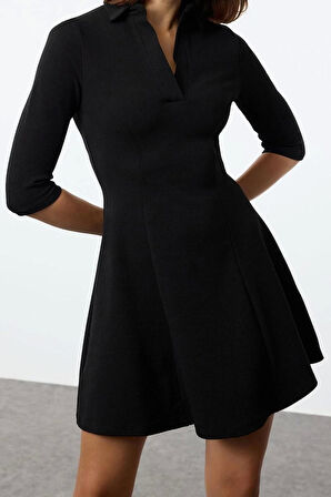 Kadın Moda Şık Mini Boy Polo Yaka Slim Skater Belden Açılan Örme Elbise
