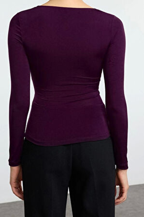 Kadın Moda Şık Crop V Yaka Slim Kalıp Örme Büzgü Drape Detaylı Fitted Vücuda Oturan Kollu Esnek Bluz