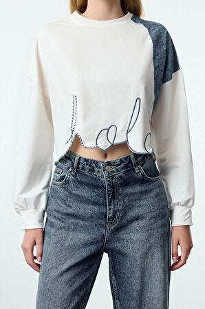 Kadın Relaxed Bisiklet Yaka Düşük Kol Crop Denim Garni ve Nakış Crop Kısa Relaxed Örme Sweatshirt