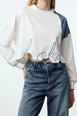 Kadın Relaxed Bisiklet Yaka Düşük Kol Crop Denim Garni ve Nakış Crop Kısa Relaxed Örme Sweatshirt