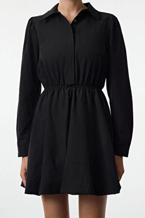 Kadın Moda Şık Mini Boy Gömlek Yaka Regular Balon Etek Dokuma Elbise