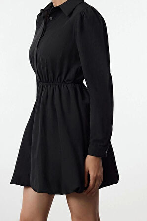 Kadın Moda Şık Mini Boy Gömlek Yaka Regular Balon Etek Dokuma Elbise