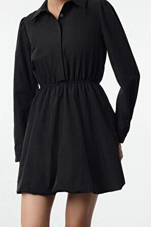 Kadın Moda Şık Mini Boy Gömlek Yaka Regular Balon Etek Dokuma Elbise