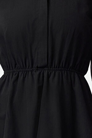 Kadın Moda Şık Mini Boy Gömlek Yaka Regular Balon Etek Dokuma Elbise