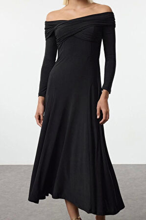 Kadın Moda Şık Midi Boy Asimetrik Yaka Fitted A-Kesim Örme Elbise