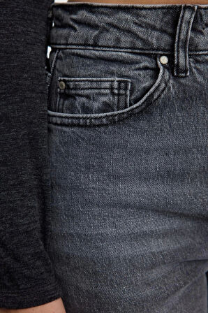 Kadın Moda Şık Kot Pantolon Boru Paça Regular Boy Denim Antrasit Yüksek Bel Jeans