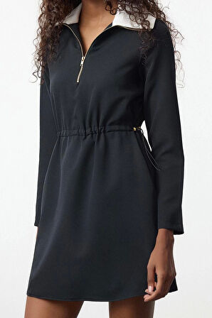 Kadın Moda Şık Mini Boy Dik Yaka Regular A Kesim Beli Ayarlanabilir Dokuma Elbise