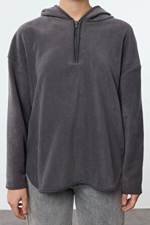 Kadın Moda Şık Bol Kapüşonlu Düşük Kol Uzun Kalın Polar ve Fermuarlı Geniş Kalıp Örme Sweatshirt