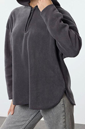 Kadın Moda Şık Bol Kapüşonlu Düşük Kol Uzun Kalın Polar ve Fermuarlı Geniş Kalıp Örme Sweatshirt