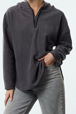 Kadın Moda Şık Bol Kapüşonlu Düşük Kol Uzun Kalın Polar ve Fermuarlı Geniş Kalıp Örme Sweatshirt