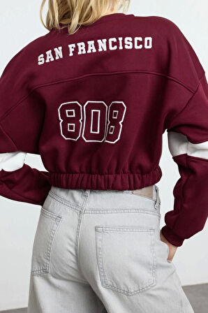 Kadın Relaxed Bisiklet Yaka Düşük Kol Crop Kalın Polarlı Rahat Kesim Slogan Nakışlı Örme Sweatshirt