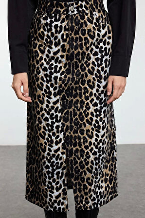 Kadın Moda Stil Maxi Astarsız Dokuma Animal Leopar Desenli Önden Yırtmaçlı Maxi Boy Dokuma Etek