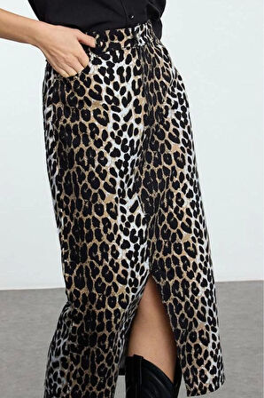 Kadın Moda Stil Maxi Astarsız Dokuma Animal Leopar Desenli Önden Yırtmaçlı Maxi Boy Dokuma Etek