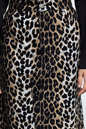 Kadın Moda Stil Maxi Astarsız Dokuma Animal Leopar Desenli Önden Yırtmaçlı Maxi Boy Dokuma Etek