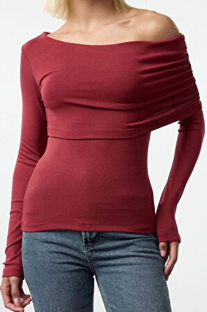 Kadın Moda Şık Üst Giyim Regular Asimetrik Yaka Slim Kalıp Örme Fitted Vücuda Oturan Esnek Bluz