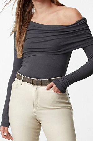 Kadın Moda Şık Üst Giyim Regular Asimetrik Yaka Slim Kalıp Örme Fitted Vücuda Oturan Esnek Bluz