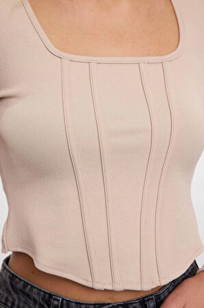 Kadın Moda Şık Üst Giyim Regular Kare Yaka Fitted Kalıp Örme Vücuda Oturan Karyoka Dikişli Bluz