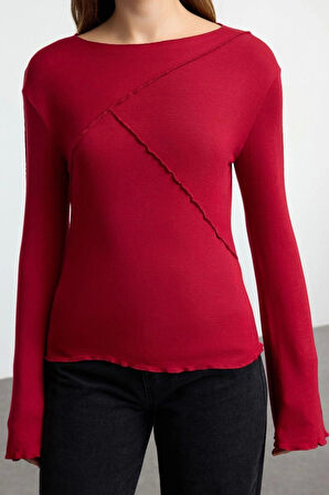 Kadın Regular Bisiklet Yaka İspanyol Kol Slim Kalıp Örme Nervür Detaylı Fitted Vücuda Oturan Bluz