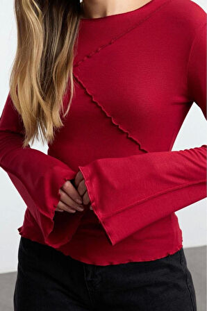 Kadın Regular Bisiklet Yaka İspanyol Kol Slim Kalıp Örme Nervür Detaylı Fitted Vücuda Oturan Bluz