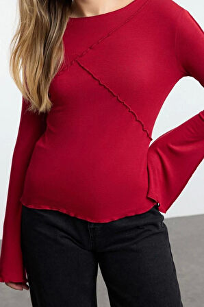 Kadın Regular Bisiklet Yaka İspanyol Kol Slim Kalıp Örme Nervür Detaylı Fitted Vücuda Oturan Bluz