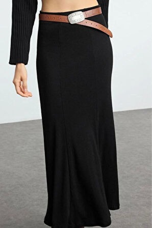 Kadın Moda Stil Maxi Astarsız Örme Düz Dikiş Detaylı Maxi Esnek Etek