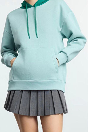 Kadın Moda Şık Bol Kapüşonlu Düşük Kol Uzun Sırt Baskılı ve Geniş Kalıp Örme Sweatshirt