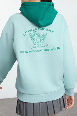 Kadın Moda Şık Bol Kapüşonlu Düşük Kol Uzun Sırt Baskılı ve Geniş Kalıp Örme Sweatshirt