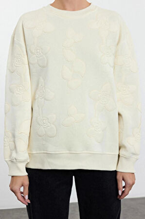 Kadın Moda Şık Bol Bisiklet Yaka Düşük Kol Uzun Nakışlı Normal Kalıp Örme Sweatshirt