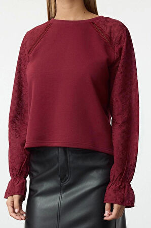 Kadın Regular Bisiklet Yaka Reglan Kol Regular Brode Dokuma Detaylı Normal Kalıp Örme Sweatshirt
