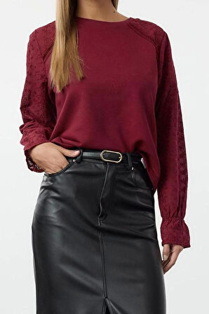 Kadın Regular Bisiklet Yaka Reglan Kol Regular Brode Dokuma Detaylı Normal Kalıp Örme Sweatshirt