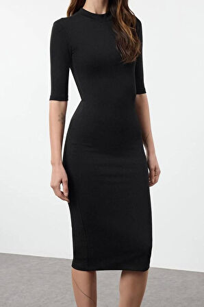 Kadın Moda Şık Midi Boy Dik Yaka Slim Bodycone Vücuda Oturan Truvakar Kol Örme Elbise