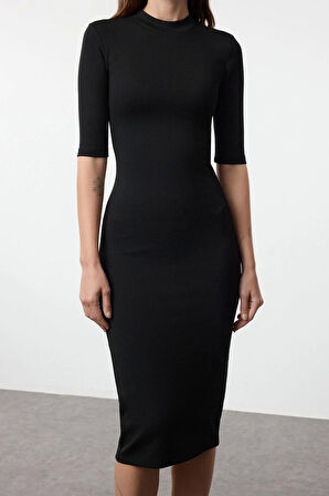 Kadın Moda Şık Midi Boy Dik Yaka Slim Bodycone Vücuda Oturan Truvakar Kol Örme Elbise