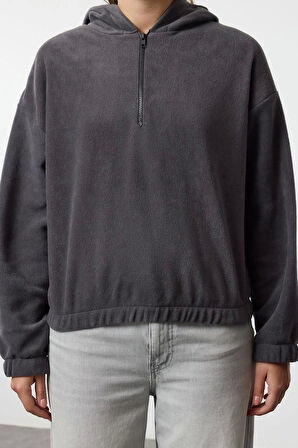 Kadın Moda Şık Regular Kapüşonlu Düşük Kol Regular Normal Kalıp Polar Fermuarlı Yaka Örme Sweatshirt