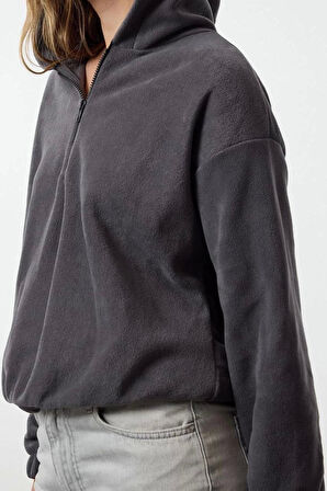 Kadın Moda Şık Regular Kapüşonlu Düşük Kol Regular Normal Kalıp Polar Fermuarlı Yaka Örme Sweatshirt