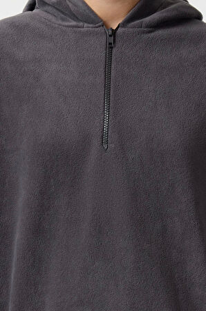 Kadın Moda Şık Regular Kapüşonlu Düşük Kol Regular Normal Kalıp Polar Fermuarlı Yaka Örme Sweatshirt
