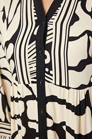 Kadın Moda Şık Tesettür Maxi Boy Hakim Yaka Relaxed Çiçekli Viskon Dokuma Elbise