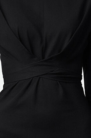 Kadın Moda Şık Midi Boy Bisiklet Yaka Slim %100 Pamuk Bağlama Detaylı Vücuda Oturan Örme Elbise