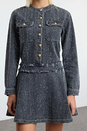 Kadın Moda Şık Mini Boy Bisiklet Yaka Denim Cep Detaylı Elbise