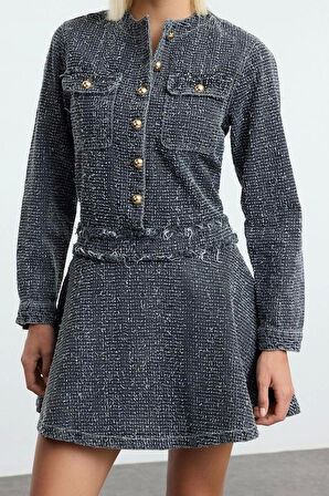 Kadın Moda Şık Mini Boy Bisiklet Yaka Denim Cep Detaylı Elbise