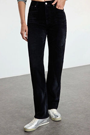 Kadın Moda Şık Kot Pantolon Boru Paça Regular Boy Denim Süet Görünümlü Yüksek Bel Straight Jeans