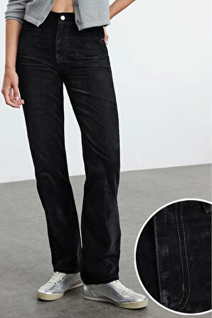 Kadın Moda Şık Kot Pantolon Boru Paça Regular Boy Denim Süet Görünümlü Yüksek Bel Straight Jeans