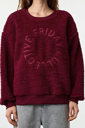 Kadın Moda Bol Bisiklet Yaka Düşük Kol Uzun Peluş Nakışlı Overize Geniş Kalıp Kalın Örme Sweatshirt