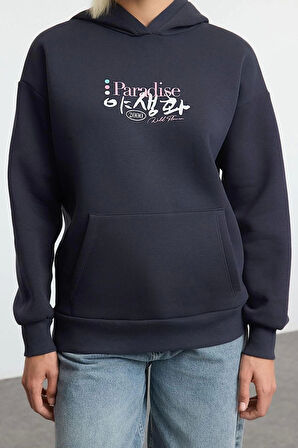 Kadın Moda Şık Bol Kapüşonlu Düşük Kol Uzun Ön Arka Baskılı Geniş Kalıp Örme Sweatshirt