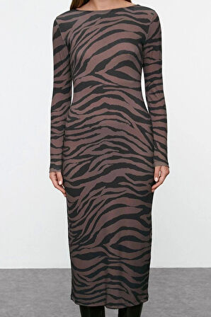 Kadın Moda Maxi Boy Bisiklet Yaka Slim Animal Zebra Baskılı Fitted Vücuda Oturan Esnek Örme Elbise