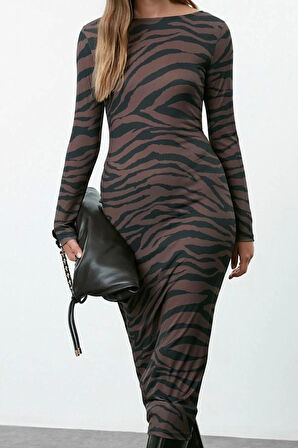 Kadın Moda Maxi Boy Bisiklet Yaka Slim Animal Zebra Baskılı Fitted Vücuda Oturan Esnek Örme Elbise
