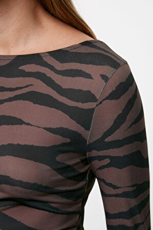 Kadın Moda Maxi Boy Bisiklet Yaka Slim Animal Zebra Baskılı Fitted Vücuda Oturan Esnek Örme Elbise
